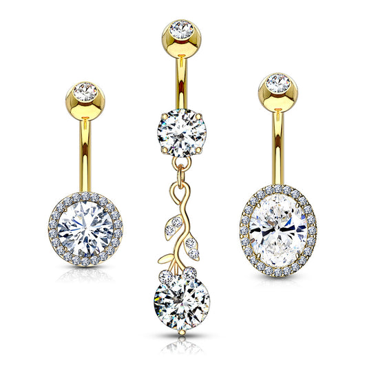 3 Pc Box Package 14K Gold Plated CZ Assorted Navel Belly Button Ring