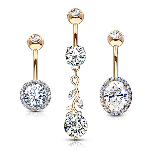 3 Pc Box Package 14K Rose Gold Plated CZ Assorted Navel Belly Button Ring