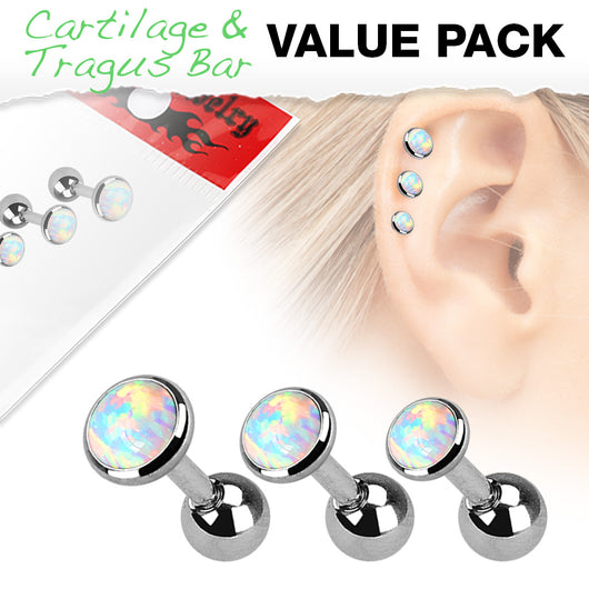 3 Pcs 3mm 4mm 5mm White Opal Top Cartilage Tragus Helix Barbell Studs