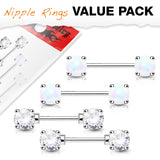 2 Pair of Value Pack Opal CZ Front Facing Surgical Steel Barbell Nipple Rings