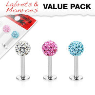 Value Pack 3 Pcs Internal Threaded Ferido CZ Labret Monroe Studs 1/4