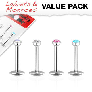 Value Pack 4 Pcs Internal Threaded CZ Lip Labret Monroe Studs 1/4