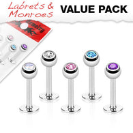 Value Pack 5 Pcs CZ Ball Top Lip Labret Monroe Studs 1/4