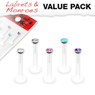 Value Pack 5 Pcs CZ PTFE Flex Push-in Lip Labret Monroe Studs