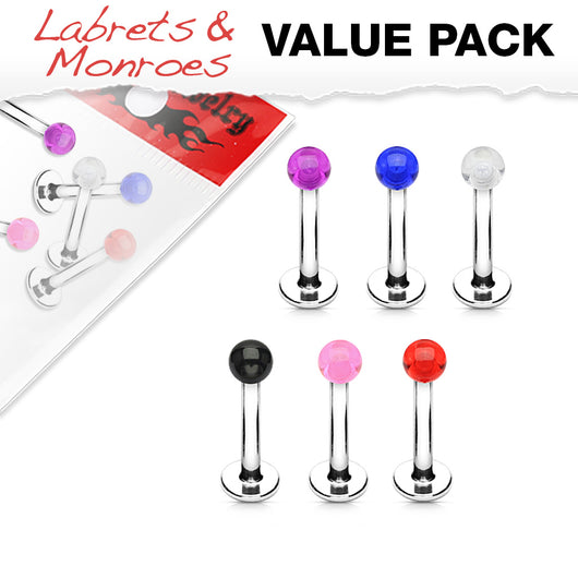 Value Pack 6 Pcs of Assorted Acrylic Ball Lip Labret Monroe Studs
