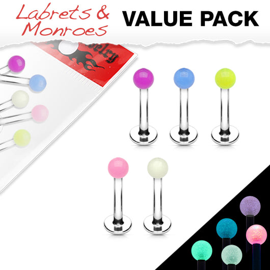 Value Pack 5 Pcs Glow in the Dark Ball Lip Labret Monroe Studs