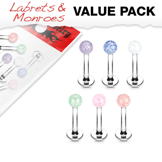 Value Pack 6 Pcs Glitter Acrylic Ball Lip Labret Monroe Studs