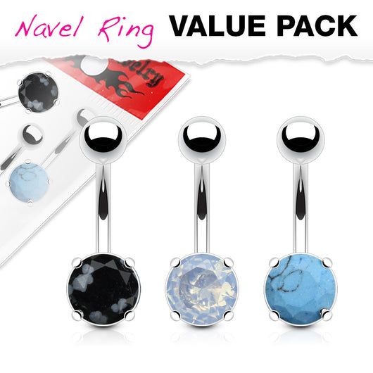3 Pc Package Assorted Precious Stone Navel Belly Button Rings