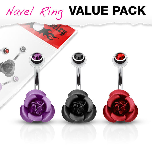 3 Pc Pack Of Mate Titanium Rose CZ Navel Belly Button Rings