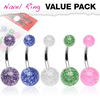 5 Pc Pack Of Ultra Glitter Ball Navel Belly Button Rings