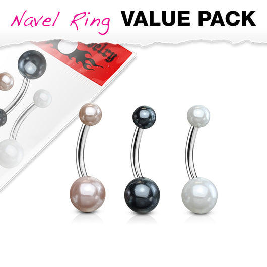 3 Pc Pack Of Pearl Ball Navel Belly Button Rings