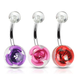 3 Pc Pack Of Titanium Rose Embedded In Clear Ball Navel Belly Button Rings
