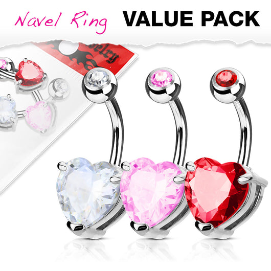 3 Pc Value Pack Of Heart Assorted CZ Navel Belly Button Rings