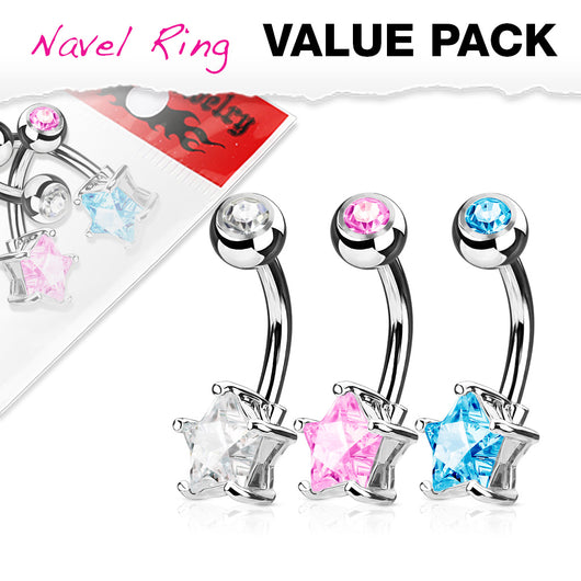 3 Pc Value Pack Of Star CZ  Navel Belly Button Rings