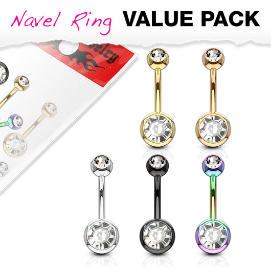 5 Pc Value Pack Of Titanium Double CZ  Navel Belly Button Rings