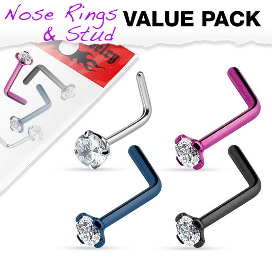Value Pack 4 pcs Titanium Prong Set CZ L Bend  Nose Stud Rings