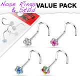 Value Pack Of 4 Pcs Surgical Steel 6 CZ Flower Nose Screws