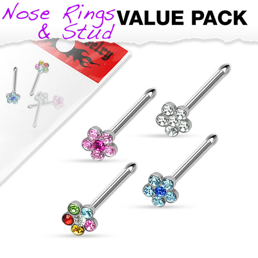 Value Pack Of 4 Pcs Multi CZ Flower Paved Top Nose Stud Rings