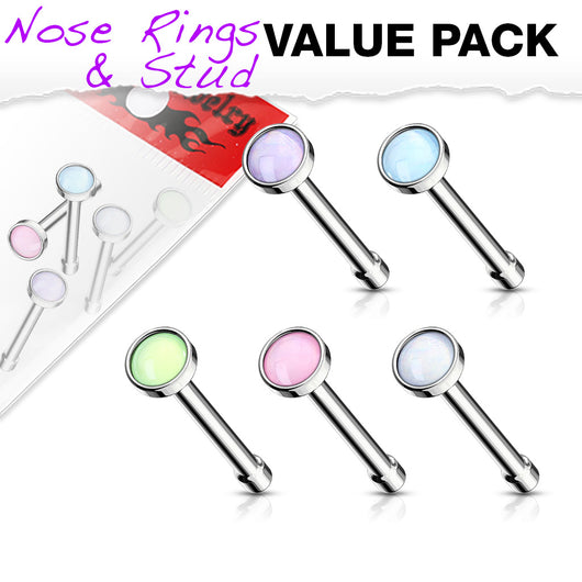 Pack Of 5 Pcs Assorted Illuminating Stone Set Nose Bone Stud Rings 20G