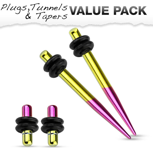 Value Pack Of Purple / Gold 2 Tone Titanium Ear Plugs Ear Tapers