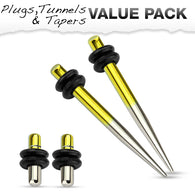 Value Pack Of Steel / Gold 2 Tone Titanium Ear Plugs Ear Tapers