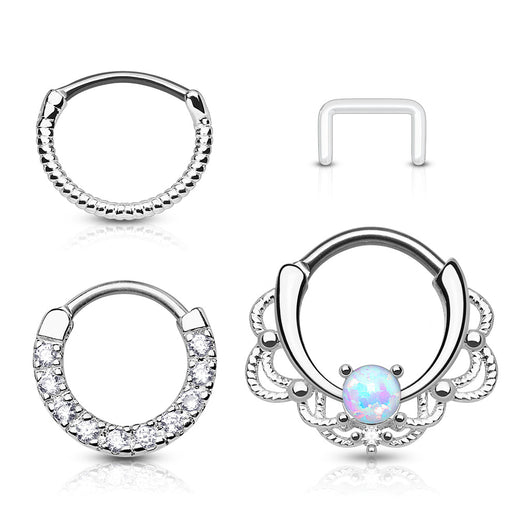 3 Pc Mixed CZ Nose Septum Cartilage Hoop + Free Retainer 14G