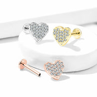 CZ Paved Heart Top Internally Threaded Labret Tragus Snug Ear Cartilage Studs