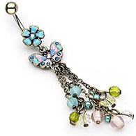 Vintage Flower With Butterfly Chain Drop Bead Dangle Navel Belly Button Ring